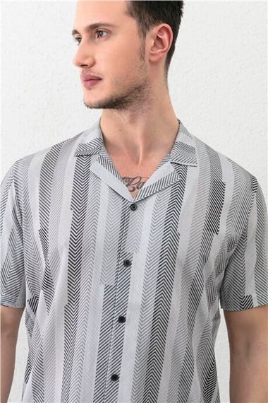 Gray Men's Bowling Collar Short Sleeve Regular Fit Shirt - photo 4