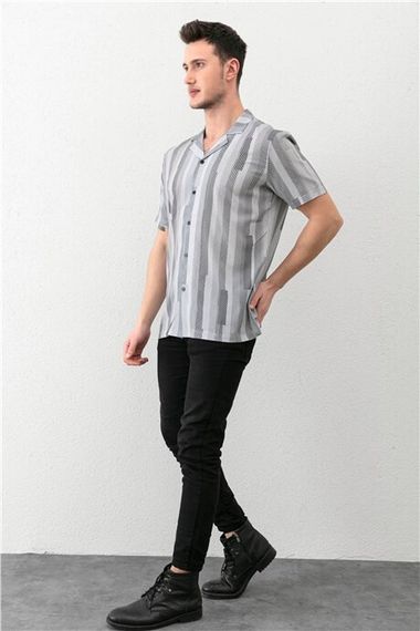 Gray Men's Bowling Collar Short Sleeve Regular Fit Shirt - photo 3