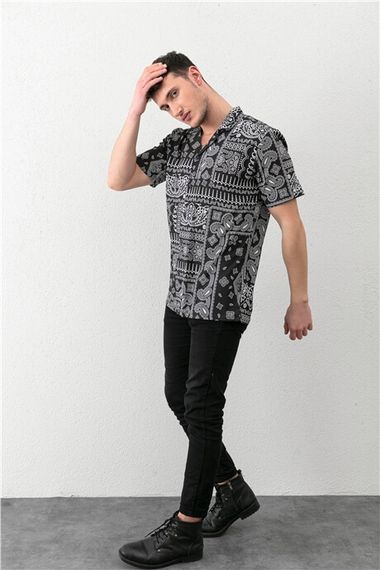 Black Men's Paisley Patterned Short Sleeve Regular Fit Shirt - photo 5