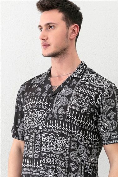 Black Men's Paisley Patterned Short Sleeve Regular Fit Shirt - photo 4