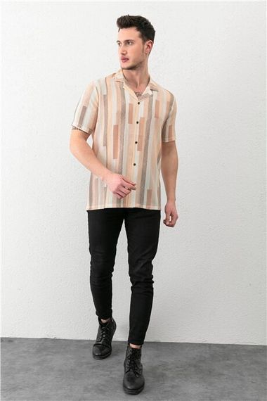 Beige Men's Bowling Collar Short Sleeve Regular Fit Shirt - photo 2