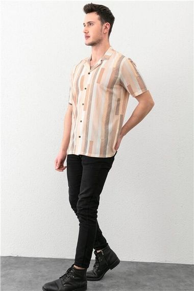 Beige Men's Bowling Collar Short Sleeve Regular Fit Shirt - photo 3