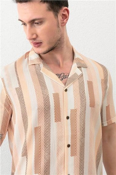 Beige Men's Bowling Collar Short Sleeve Regular Fit Shirt - photo 4