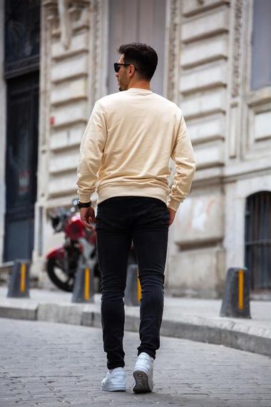 Bisiklet Yaka Basic Sweatshirt - Bej - fotoğraf 4