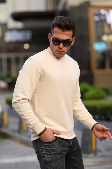 Bisiklet Yaka Basic Sweatshirt - Bej - fotoğraf 1