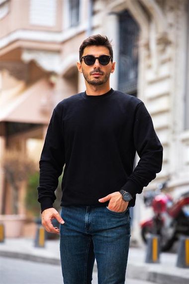 Bisiklet Yaka Basic Sweatshirt - Siyah - fotoğraf 4