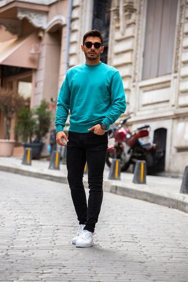 Bisiklet Yaka Basic Sweatshirt - Mavi - fotoğraf 2