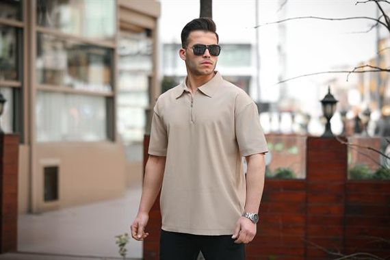 Ribbed Half Zipper Oversize T-shirt - Beige - photo 4