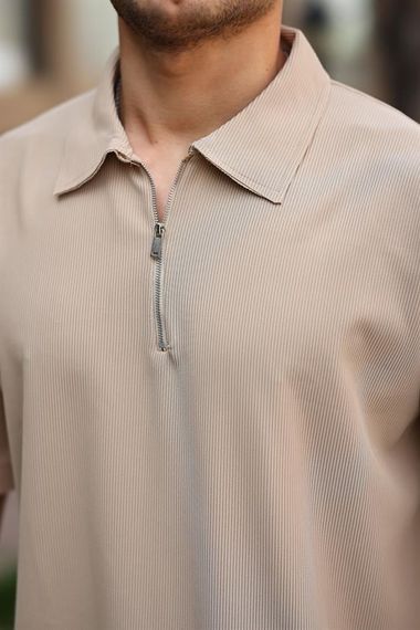 Ribbed Half Zipper Oversize T-shirt - Beige - photo 2