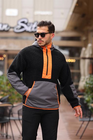 Kapüşonlu Kanguru Cepli Yarım Fermuar Peluş Sweatshirt - Siyah - fotoğraf 1