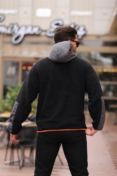 Kapüşonlu Kanguru Cepli Yarım Fermuar Peluş Sweatshirt - Siyah - fotoğraf 4