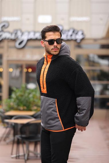 Kapüşonlu Kanguru Cepli Yarım Fermuar Peluş Sweatshirt - Siyah - fotoğraf 2