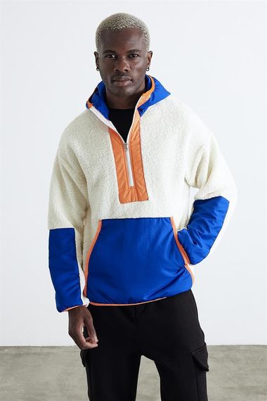 Hooded Kangaroo Pocket Half Zipper Plush Sweatshirt - Blue - photo 1