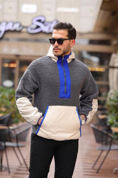 Kapüşonlu Kanguru Cepli Yarım Fermuar Peluş Sweatshirt - Füme - fotoğraf 1