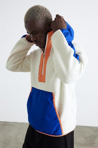 Hooded Kangaroo Pocket Half Zipper Plush Sweatshirt - Blue - photo 2