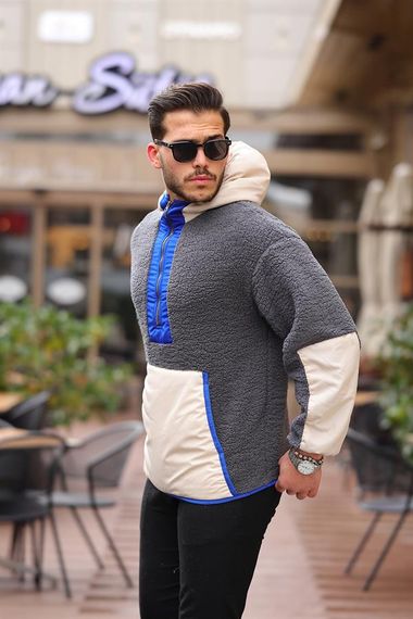 Kapüşonlu Kanguru Cepli Yarım Fermuar Peluş Sweatshirt - Füme - fotoğraf 2