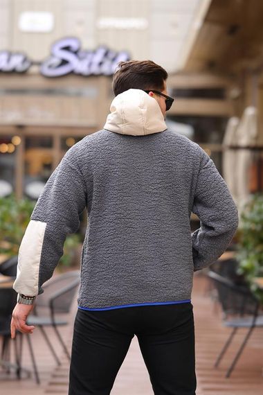 Kapüşonlu Kanguru Cepli Yarım Fermuar Peluş Sweatshirt - Füme - fotoğraf 3