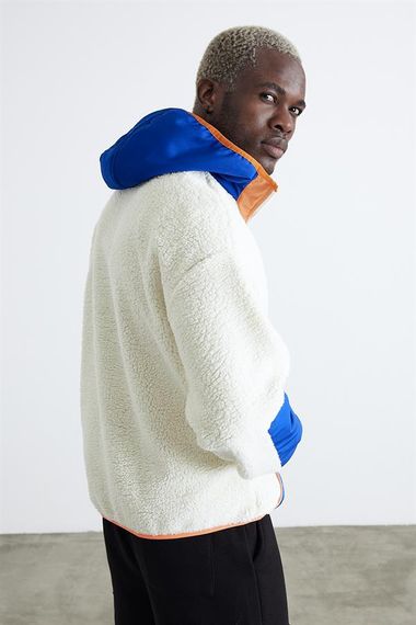 Hooded Kangaroo Pocket Half Zipper Plush Sweatshirt - Blue - photo 3