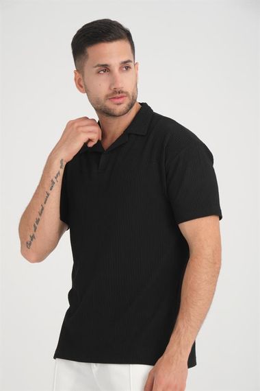 Premium V Yaka Oversize Fitilli T-Shirt - Siyah - fotoğraf 5