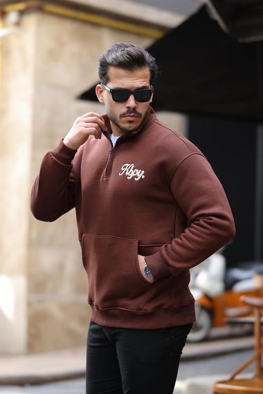 Cozy Kanguru Nakışlı Şardonlu Yarım Fermuar Sweatshirt - Kahve - fotoğraf 1