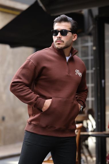 Cozy Kanguru Nakışlı Şardonlu Yarım Fermuar Sweatshirt - Kahve - fotoğraf 4