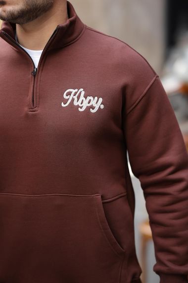 Cozy Kanguru Nakışlı Şardonlu Yarım Fermuar Sweatshirt - Kahve - fotoğraf 2