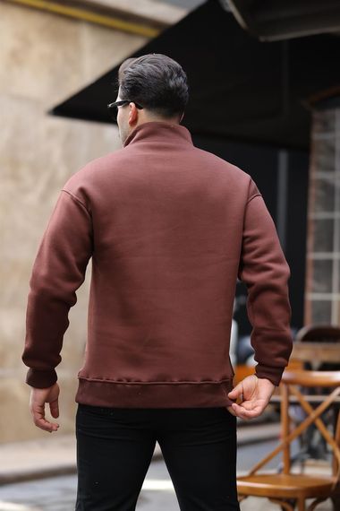 Cozy Kanguru Nakışlı Şardonlu Yarım Fermuar Sweatshirt - Kahve - fotoğraf 5