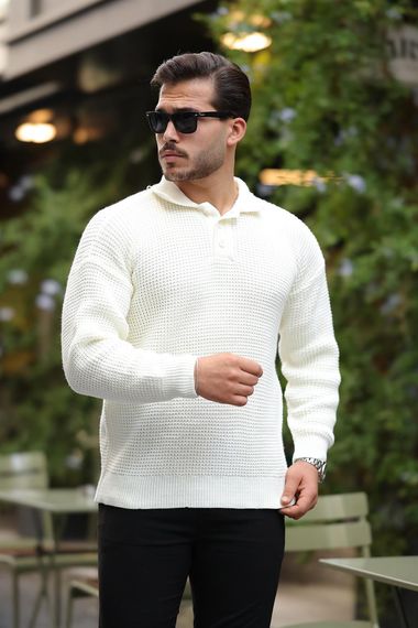 Modern Fit Polo Yaka Çizgili Triko Kazak - Ekru - fotoğraf 2