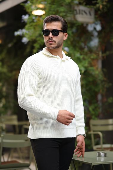 Modern Fit Polo Yaka Çizgili Triko Kazak - Ekru - fotoğraf 3