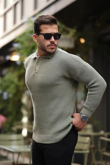 Modern Fit Polo Yaka Çizgili Triko Kazak - Yeşil - fotoğraf 1