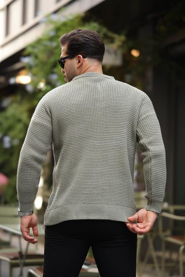 Modern Fit Polo Yaka Çizgili Triko Kazak - Yeşil - fotoğraf 4