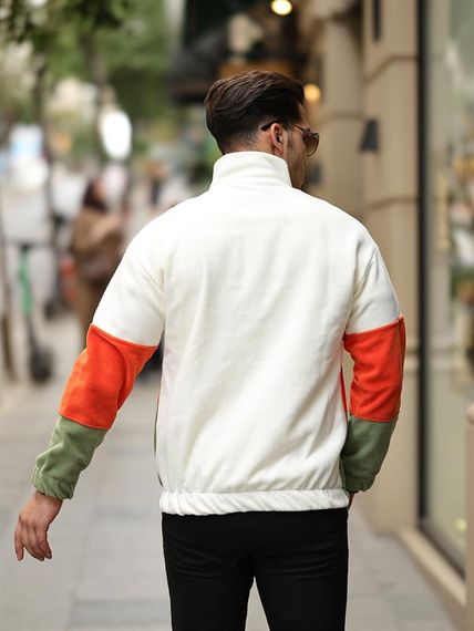 Parça Desen Yarım Fermuar Polar Sweatshirt - Ekru/Turuncu/Haki - fotoğraf 4