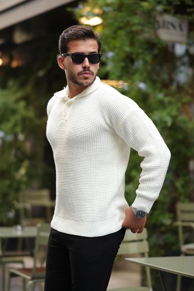 Modern Fit Polo Yaka Çizgili Triko Kazak - Ekru - fotoğraf 1