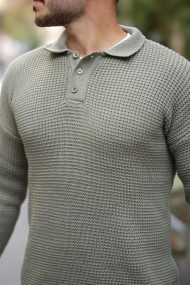 Modern Fit Polo Yaka Çizgili Triko Kazak - Yeşil - fotoğraf 5