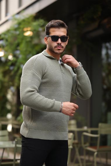 Modern Fit Polo Yaka Çizgili Triko Kazak - Yeşil - fotoğraf 3