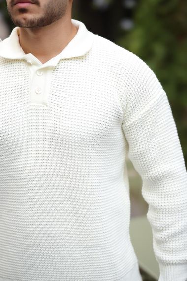 Modern Fit Polo Yaka Çizgili Triko Kazak - Ekru - fotoğraf 4