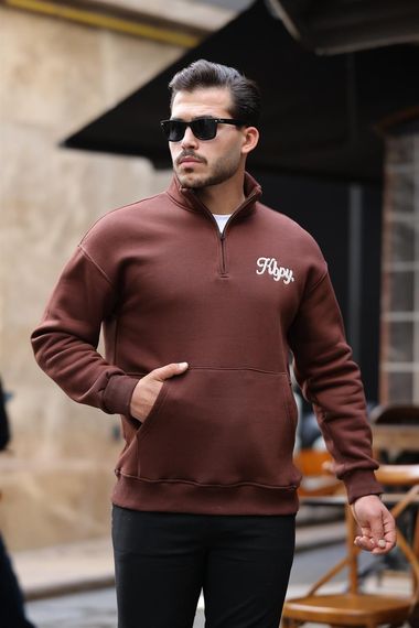 Cozy Kanguru Nakışlı Şardonlu Yarım Fermuar Sweatshirt - Kahve - fotoğraf 3