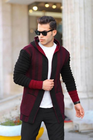 Claret Red Men's Sleeves Patterned Poncho Cardigan - photo 1