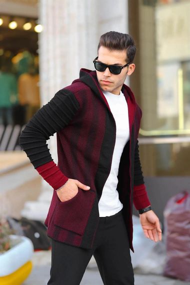 Claret Red Men's Sleeves Patterned Poncho Cardigan - photo 3