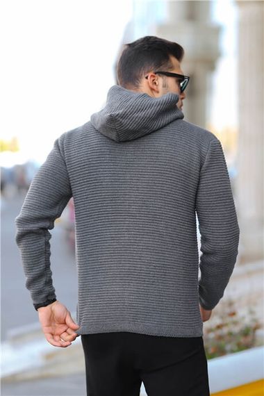 Fermuarlı Merdiven Örgü Kapüşonlu Triko Hırka/Ceket Füme - fotoğraf 4