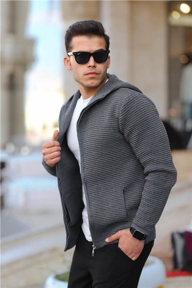 Fermuarlı Merdiven Örgü Kapüşonlu Triko Hırka/Ceket Füme - fotoğraf 3