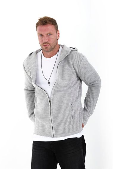 Fermuarlı Merdiven Örgü Kapüşonlu Triko Hırka/Ceket - Açıkgri - fotoğraf 1