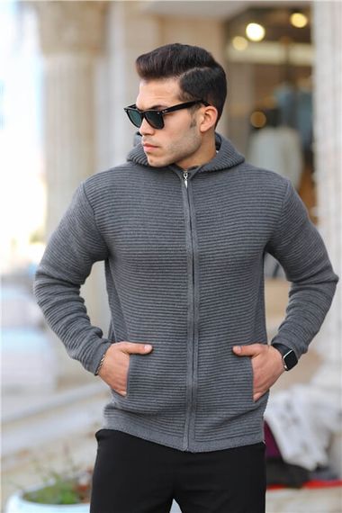 Fermuarlı Merdiven Örgü Kapüşonlu Triko Hırka/Ceket Füme - fotoğraf 2