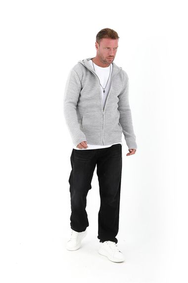 Fermuarlı Merdiven Örgü Kapüşonlu Triko Hırka/Ceket - Açıkgri - fotoğraf 5