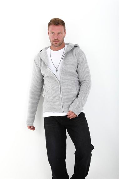 Fermuarlı Merdiven Örgü Kapüşonlu Triko Hırka/Ceket - Açıkgri - fotoğraf 3