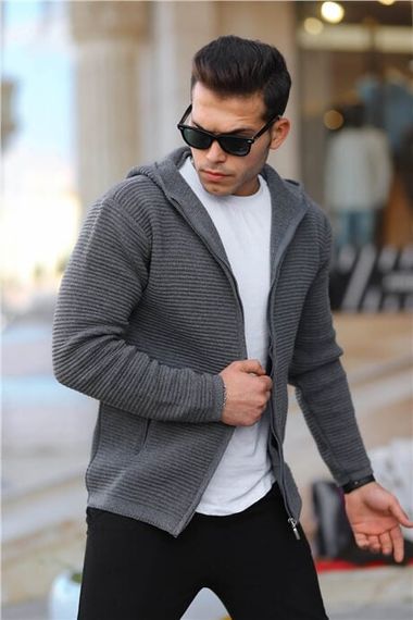 Fermuarlı Merdiven Örgü Kapüşonlu Triko Hırka/Ceket Füme - fotoğraf 1