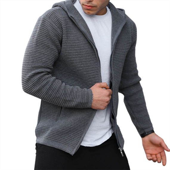 Fermuarlı Merdiven Örgü Kapüşonlu Triko Hırka/Ceket Füme - fotoğraf 5