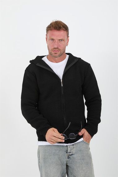 Zippered Ladder Knit Hooded Knitwear Cardigan/Jacket - Black - photo 1