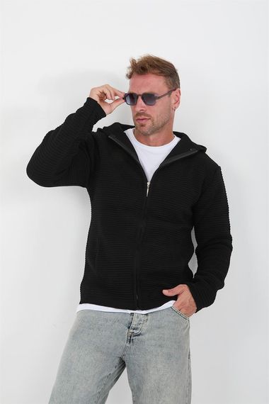 Zippered Ladder Knit Hooded Knitwear Cardigan/Jacket - Black - photo 2
