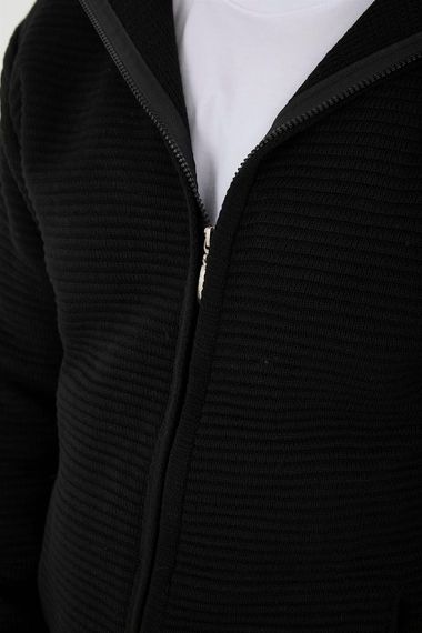 Zippered Ladder Knit Hooded Knitwear Cardigan/Jacket - Black - photo 4